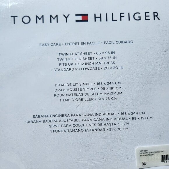 NEW TOMMY HILFIGER Sheets Sheet Set Shark Striped TWIN Size Blue White Pillowcas - Picture 4 of 11